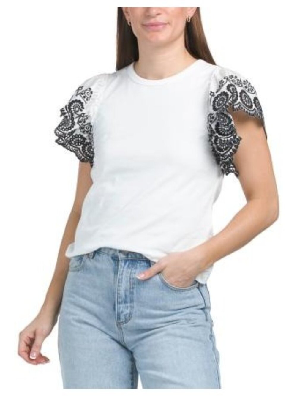 Elie Tahari White Shirt with Black Lace Puff Sleeves Women's Size Small New